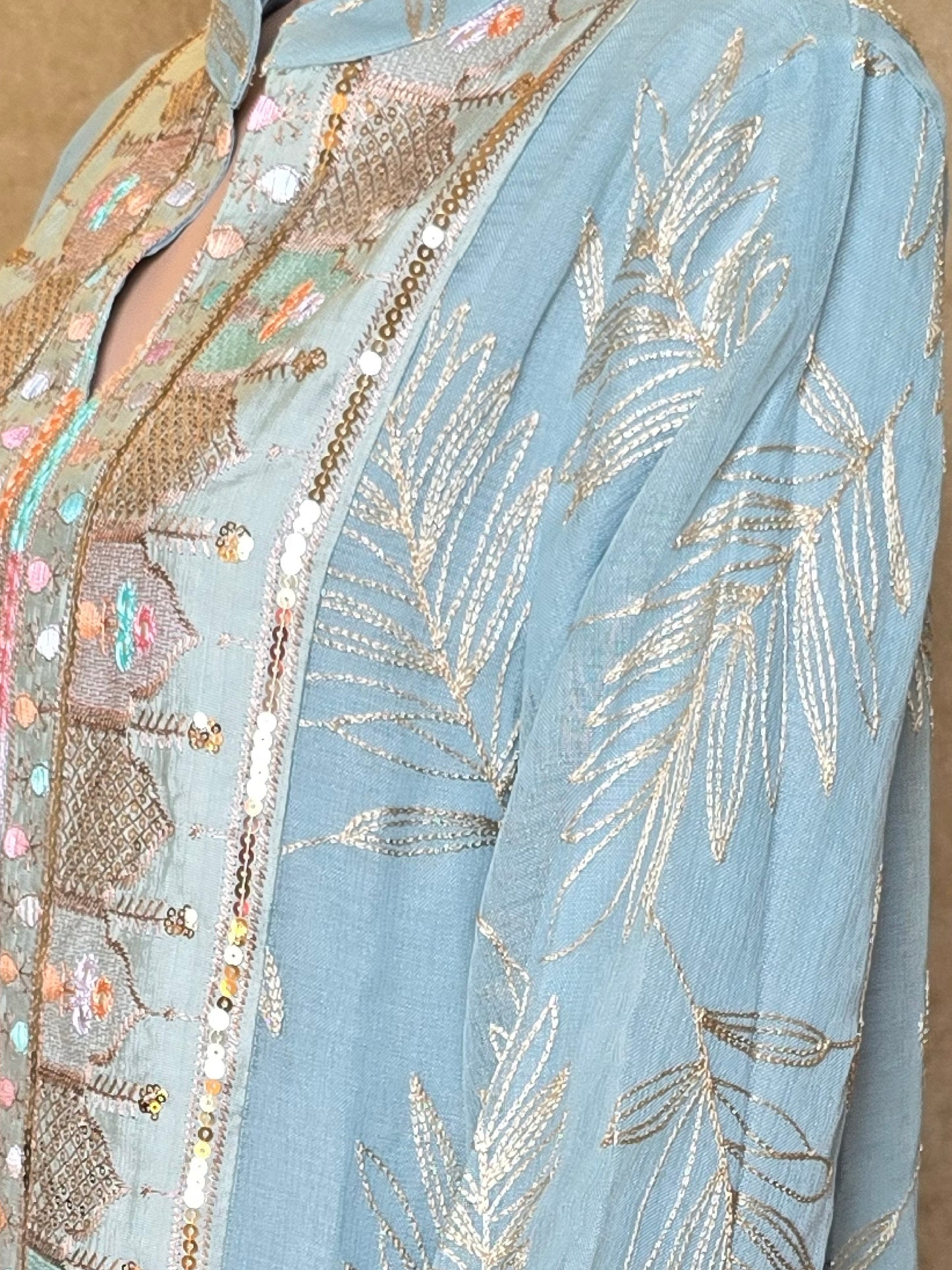ZY-078 Tiffany Blue Embroidered Jalabiya with Gold Detailing
