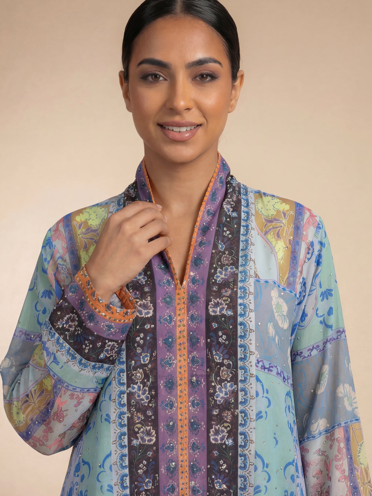 ZY-064 جلابية متعددة النقوش بألوان الأزرق الفيروزي