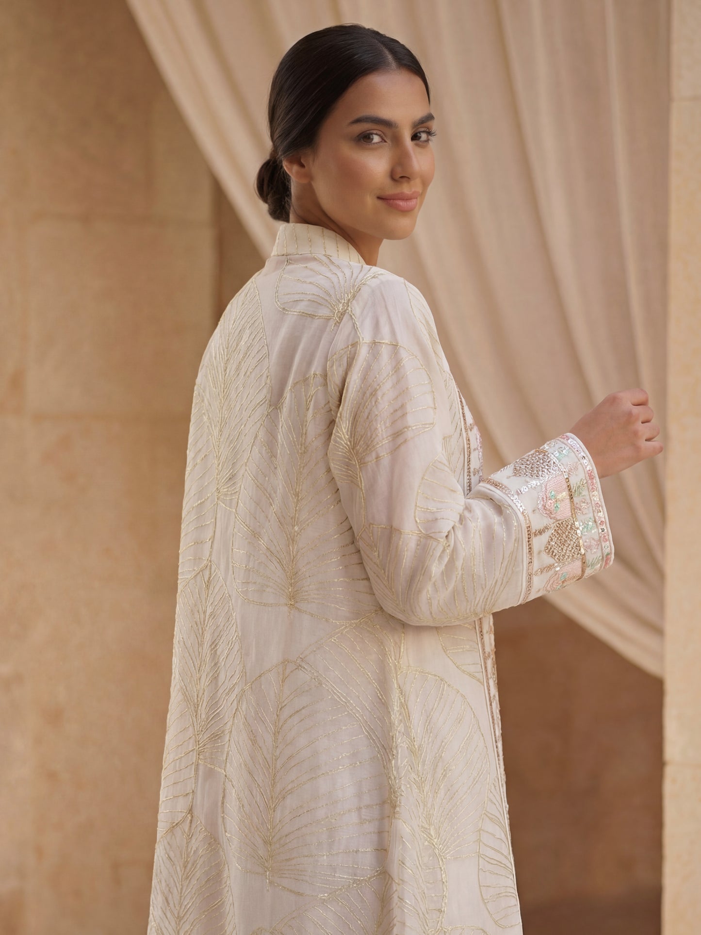ZY-080 White 2-Piece Embroidered Sheer Abaya & Inner Jalabiya Set