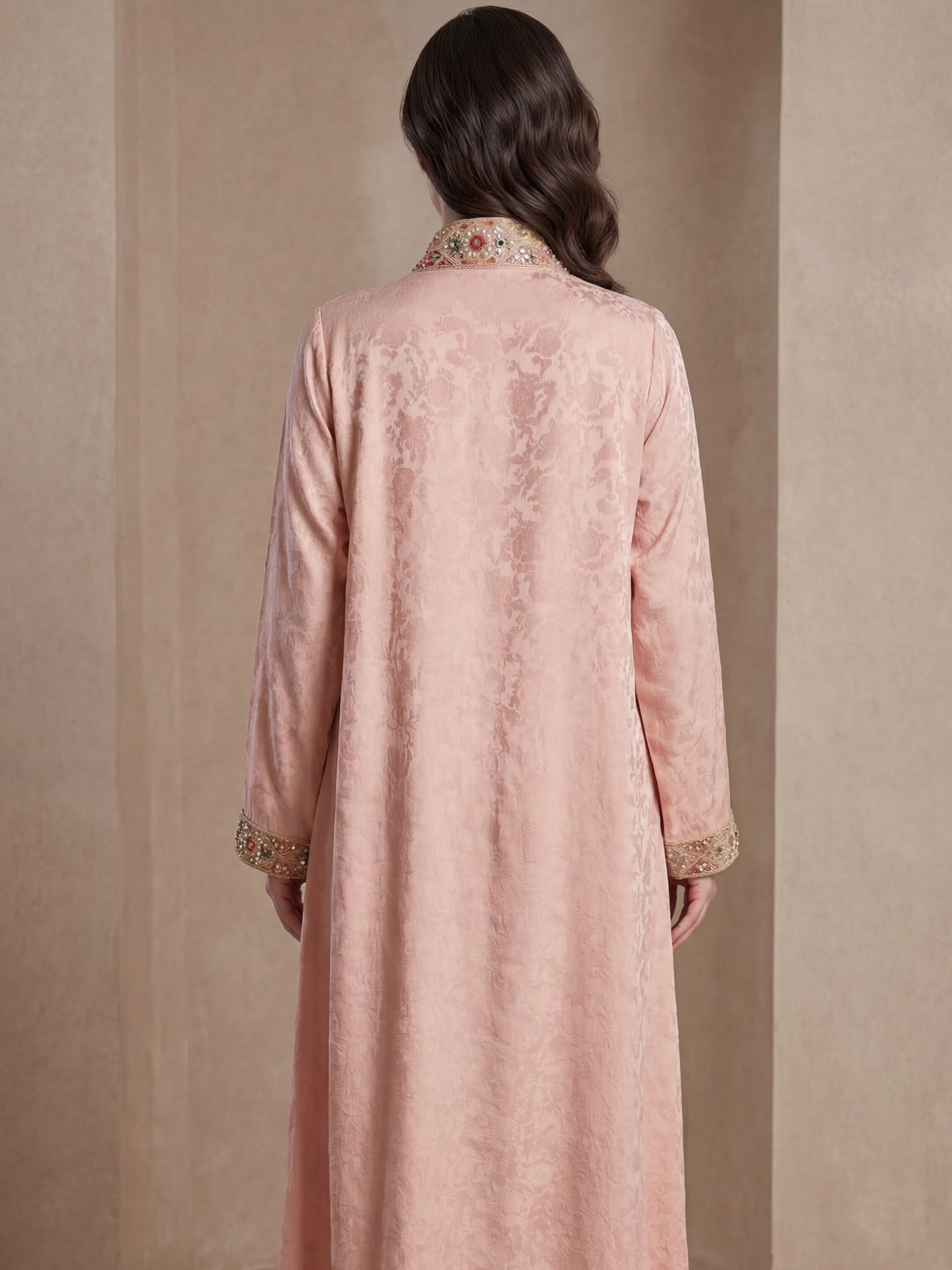 ZY-086 Light Peach Luxury Jalabiya with Ornate Embroidered Trim