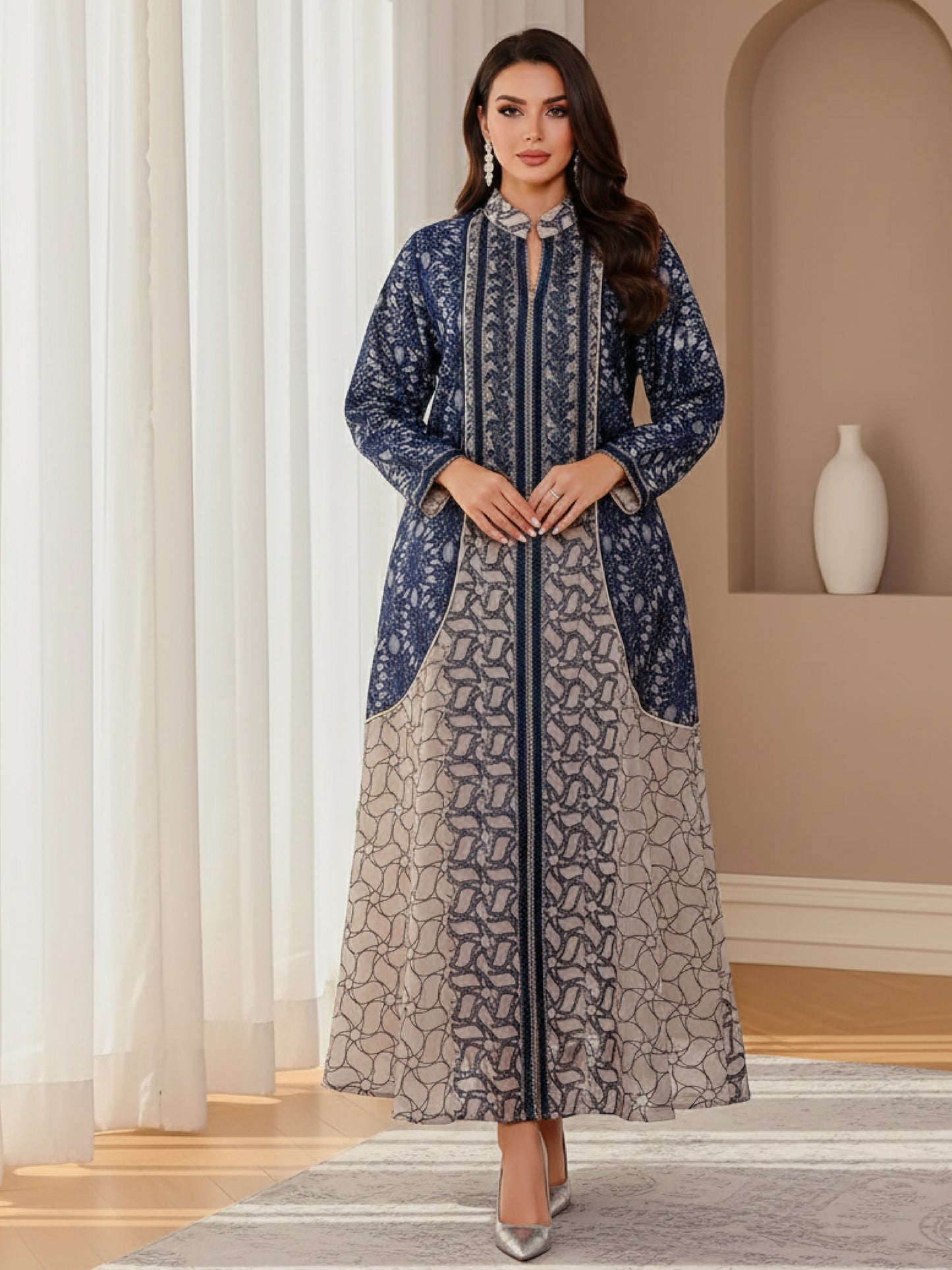 Abaya ZY-012 Beige with Navy Pattern