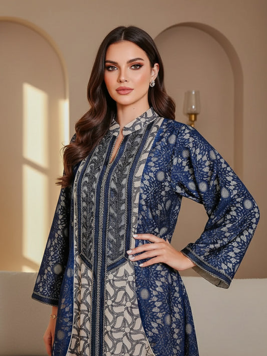 Abaya ZY-012 Beige with Navy Pattern