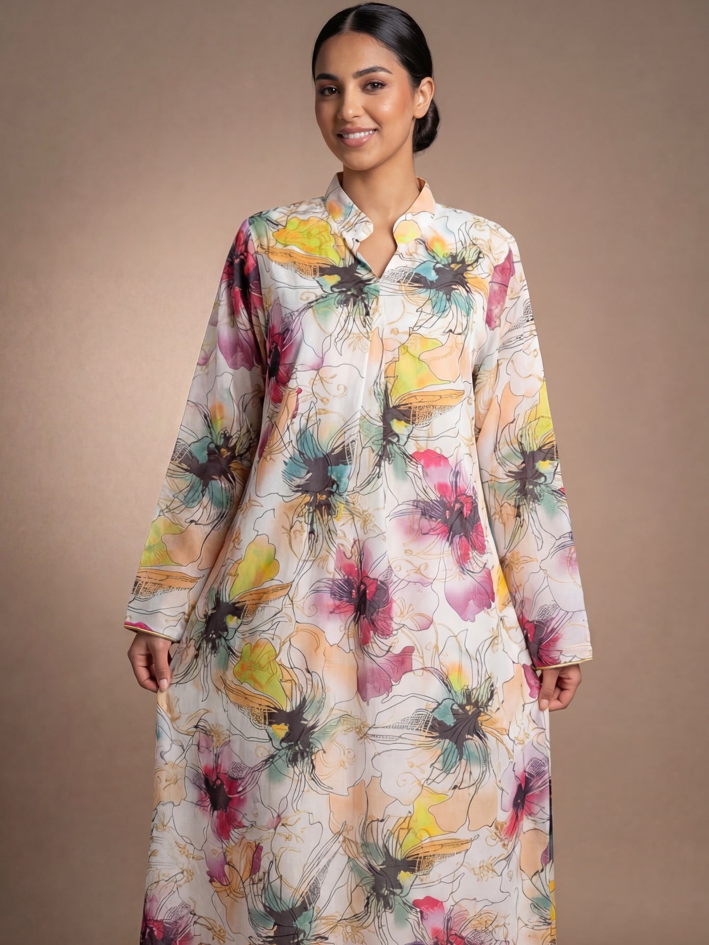 ZY-062 جلابية متعددة الألوان بنقشة زهور نابضة بالحياة 