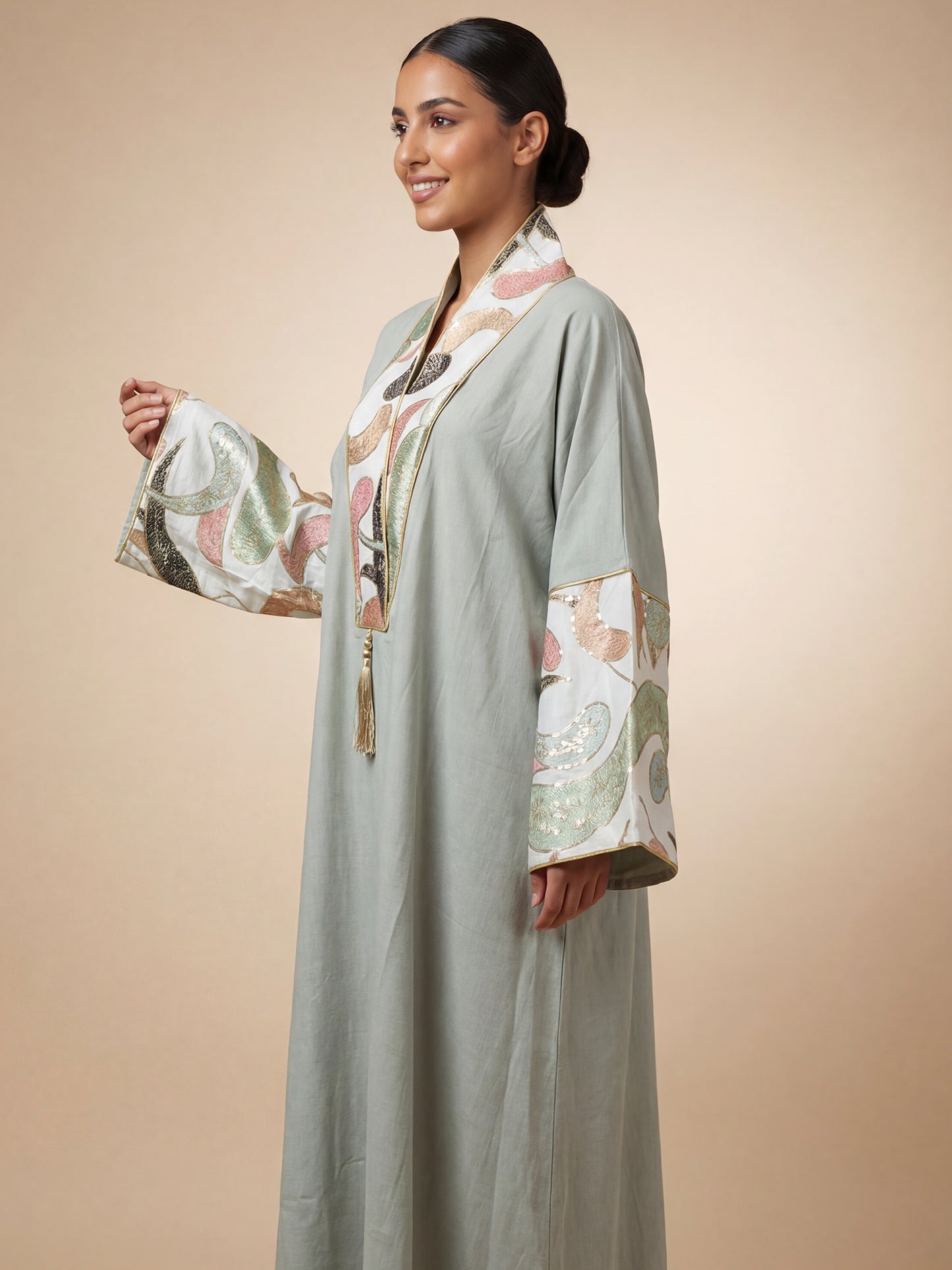 ZY-069 Sage Green Abstract Embroidered Jalabiya