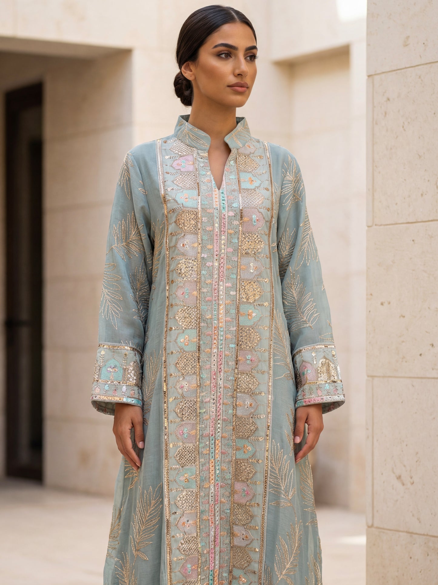 ZY-078 Tiffany Blue Embroidered Jalabiya with Gold Detailing
