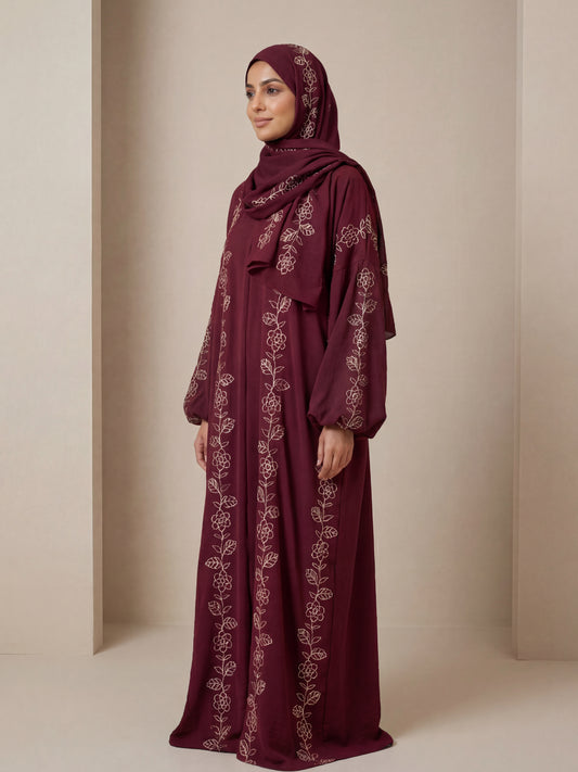 ZY-047 Burgundy Floral Embroidered Prayer Abaya