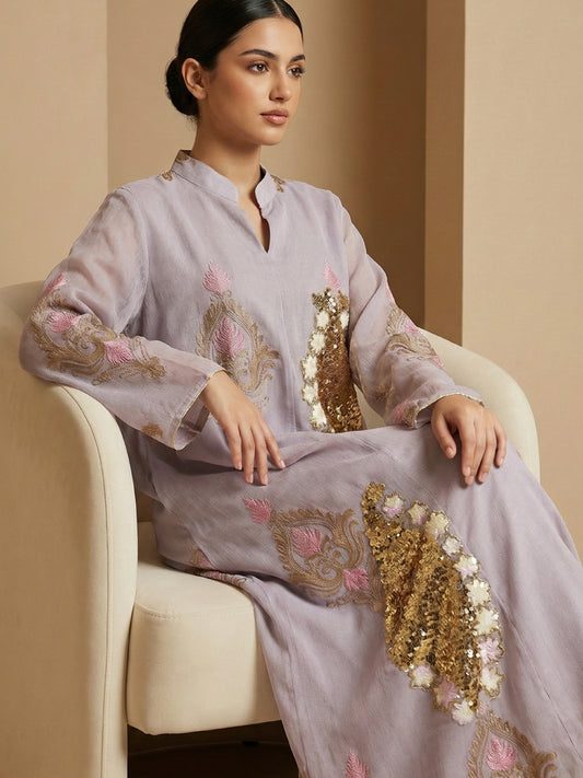 ZY-057 جلابية رمادية فاخرة بتطريز وترتر بار 