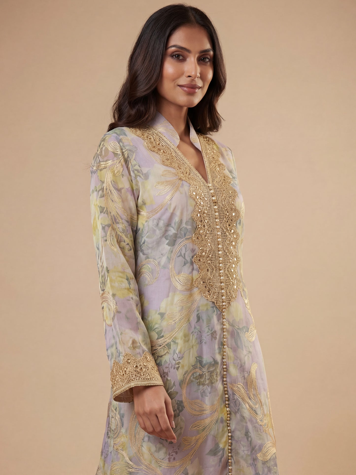 ZY-066 Lilac Bloom Gold Lace Jalabiya