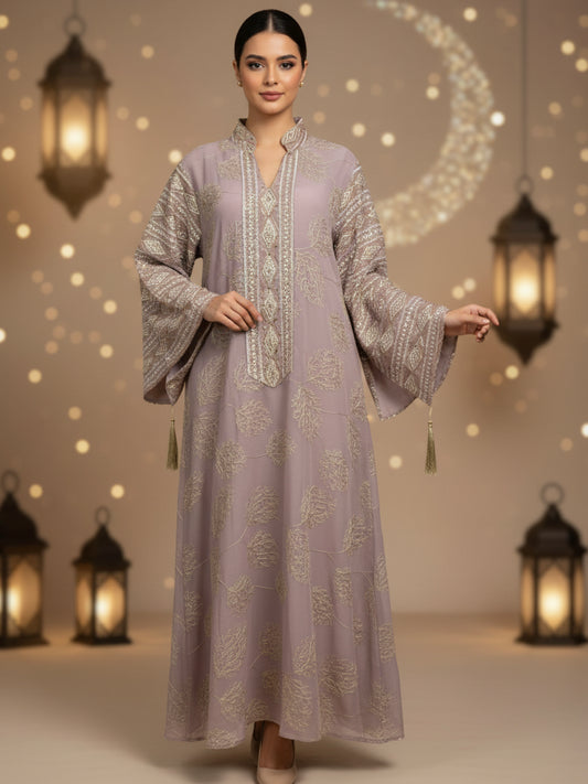 ZY-068 Dusty Pink Gold Leaf Embroidered Jalabiya