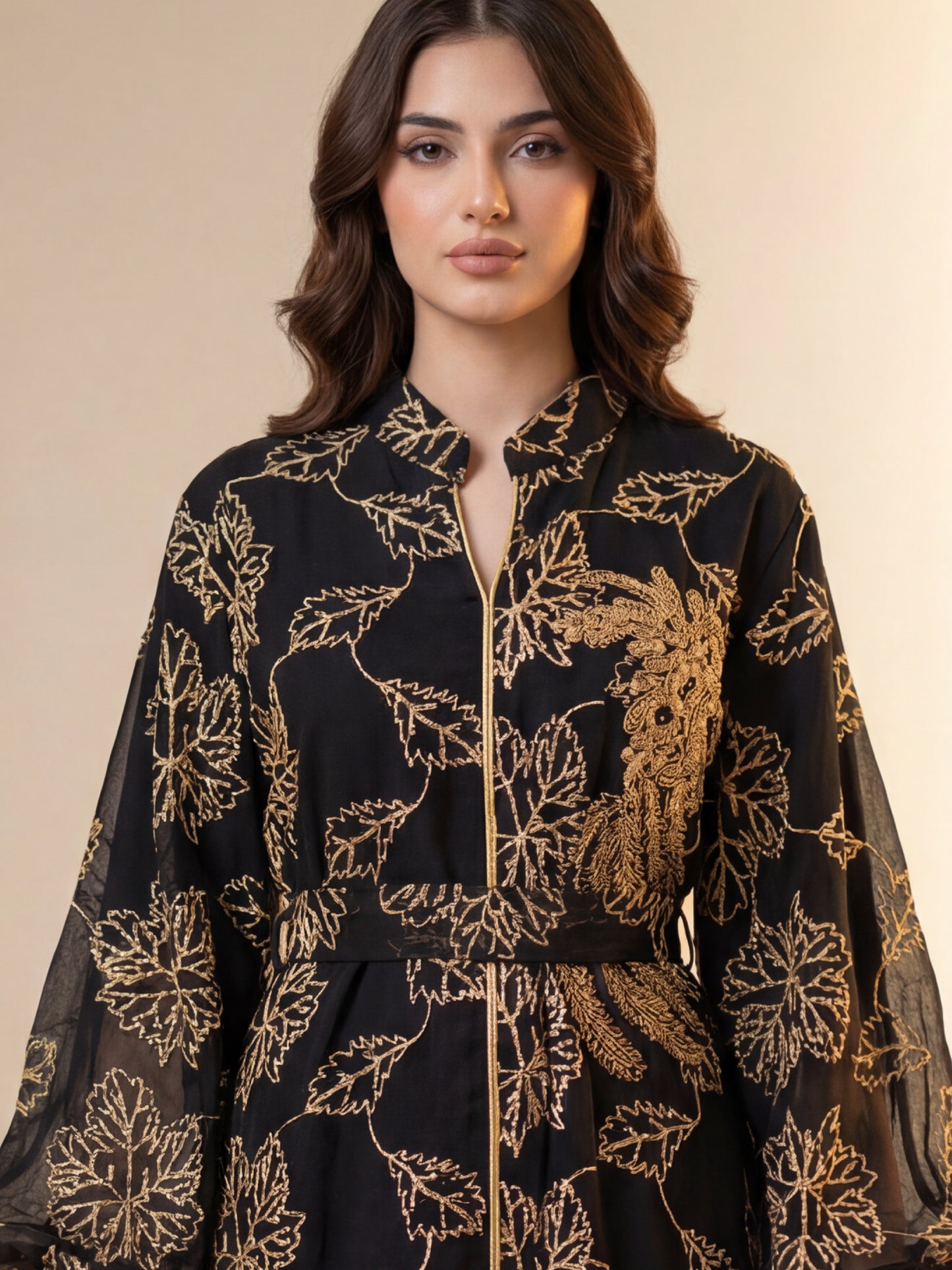 ZY-073 Black Gold Leaf Embroidered Jalabiya
