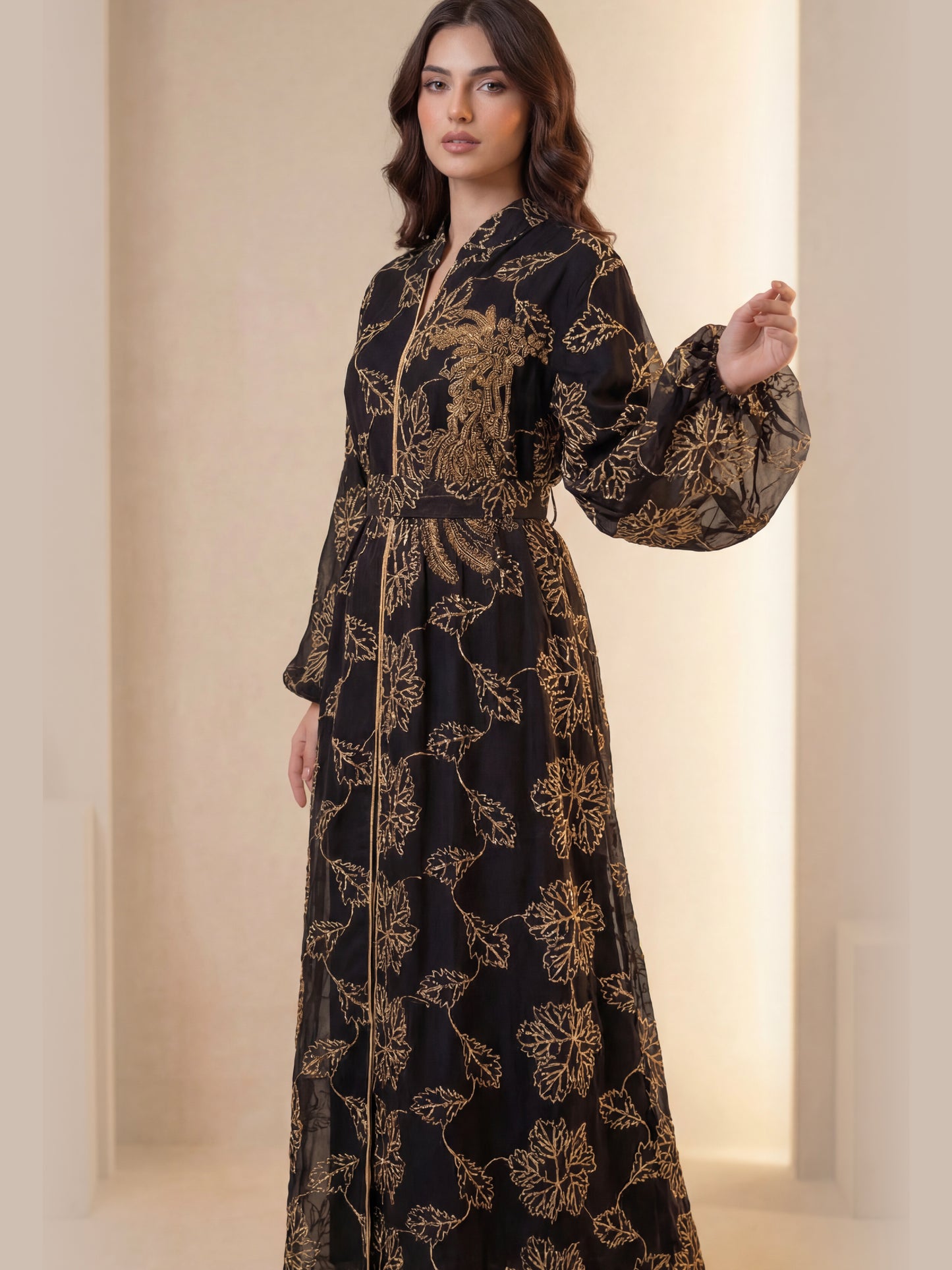 ZY-073 Black Gold Leaf Embroidered Jalabiya