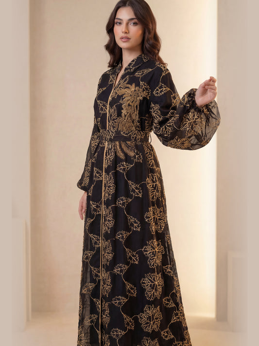 ZY-073 Black Gold Leaf Embroidered Jalabiya