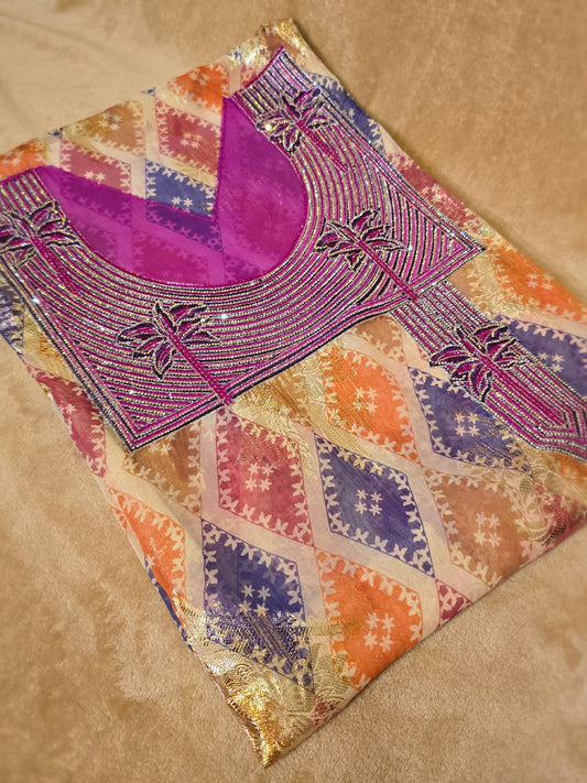 ZY-FAB-001  قماش مخاوير شيفون بنقشة ملونة ولمسات ذهبية