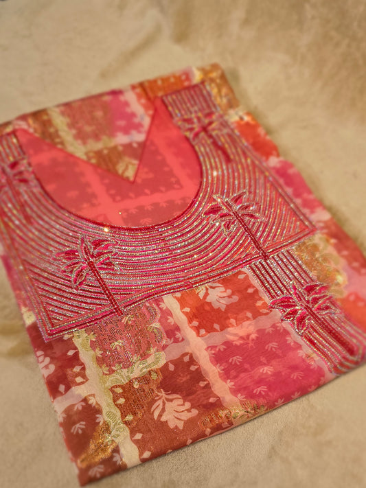 ZY-FAB-003 قماش مخاوير شيفون وردي مع لمسات ذهبية