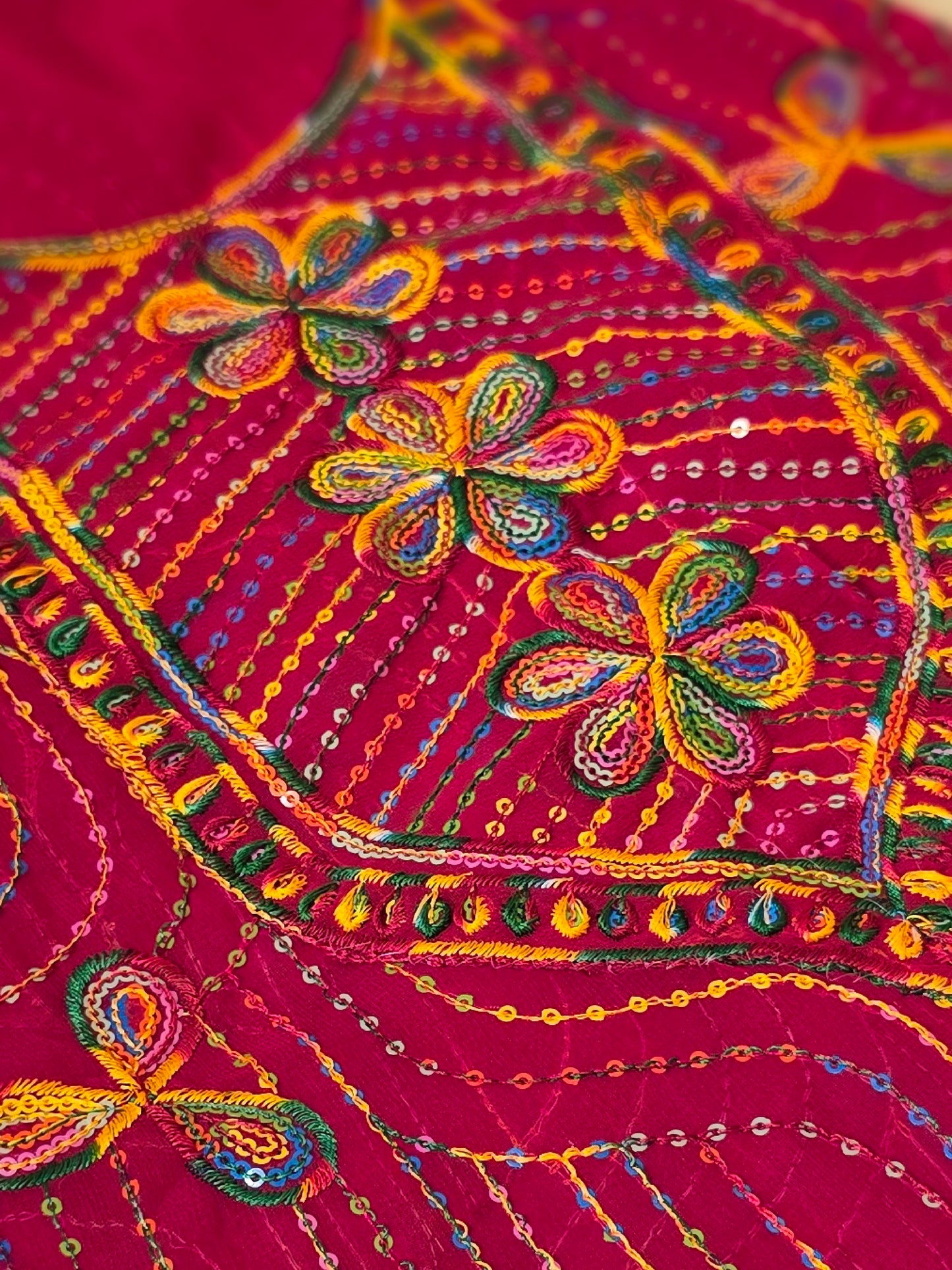 ZY-FAB-004 Fuchsia Pink Chiffon Mukhawer Fabric with Multicolor Embroidery