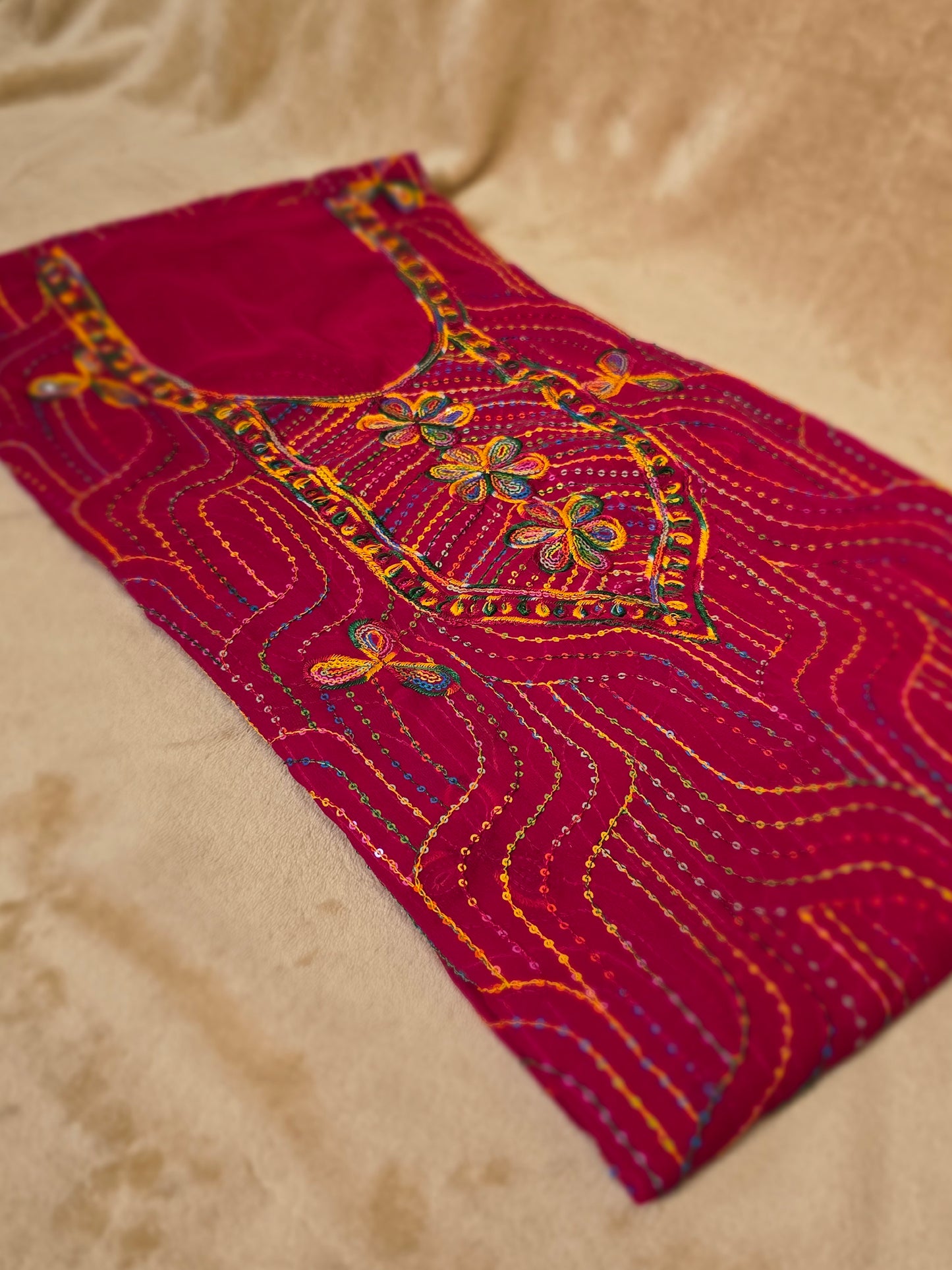 ZY-FAB-004 Fuchsia Pink Chiffon Mukhawer Fabric with Multicolor Embroidery