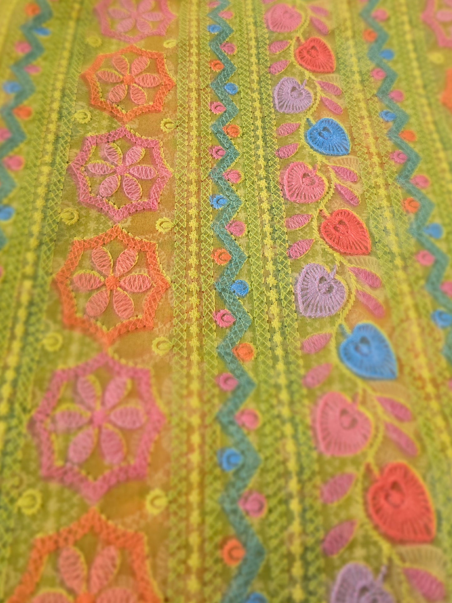 ZY-FAB-006 قماش مخاوير شيفون ليموني بنقوش هندية وتطريز ملون