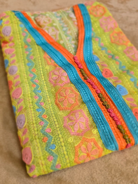 ZY-FAB-006 قماش مخاوير شيفون ليموني بنقوش هندية وتطريز ملون