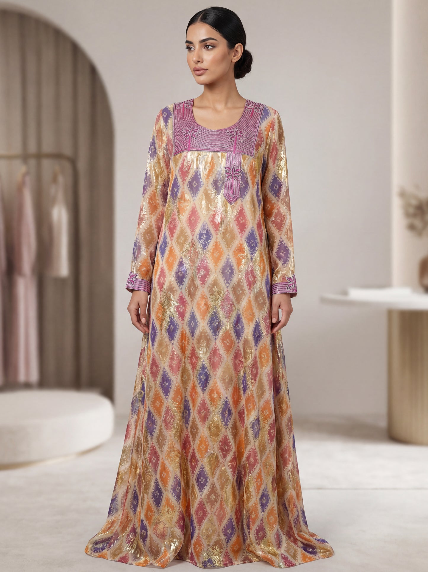 ZY-FAB-001  قماش مخاوير شيفون بنقشة ملونة ولمسات ذهبية