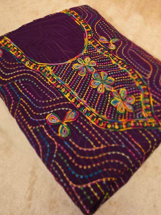 ZY-FAB-005 قماش مخاوير شيفون بنفسجي غامق مع تطريز متعدد الألوان