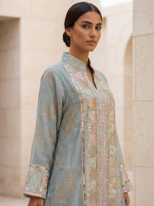 ZY-078 Tiffany Blue Embroidered Jalabiya with Gold Detailing