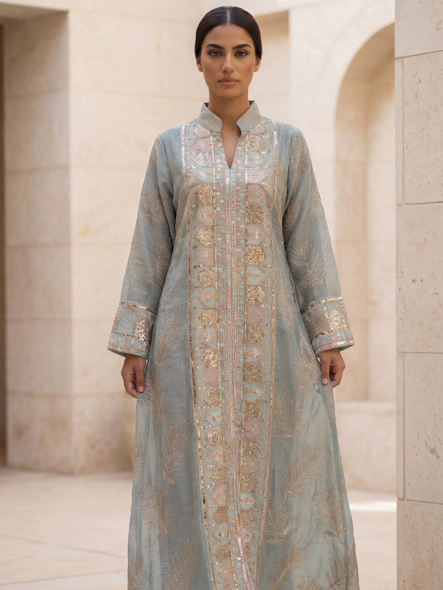 ZY-078 Tiffany Blue Embroidered Jalabiya with Gold Detailing