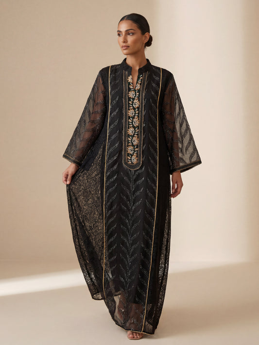 ZY-079 Black Lace Embroidered Jalabiya with Gold Accents
