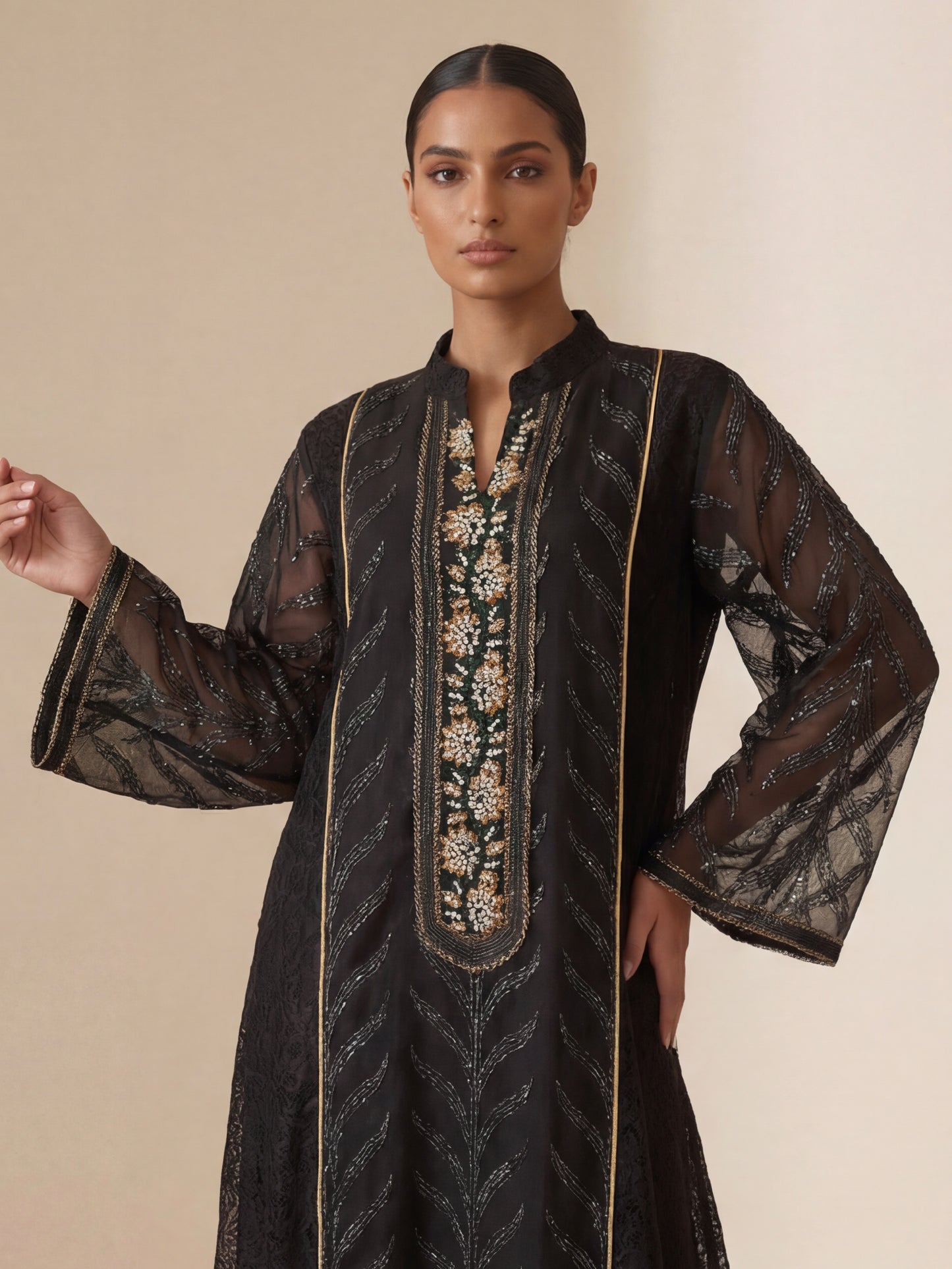 ZY-079 Black Lace Embroidered Jalabiya with Gold Accents