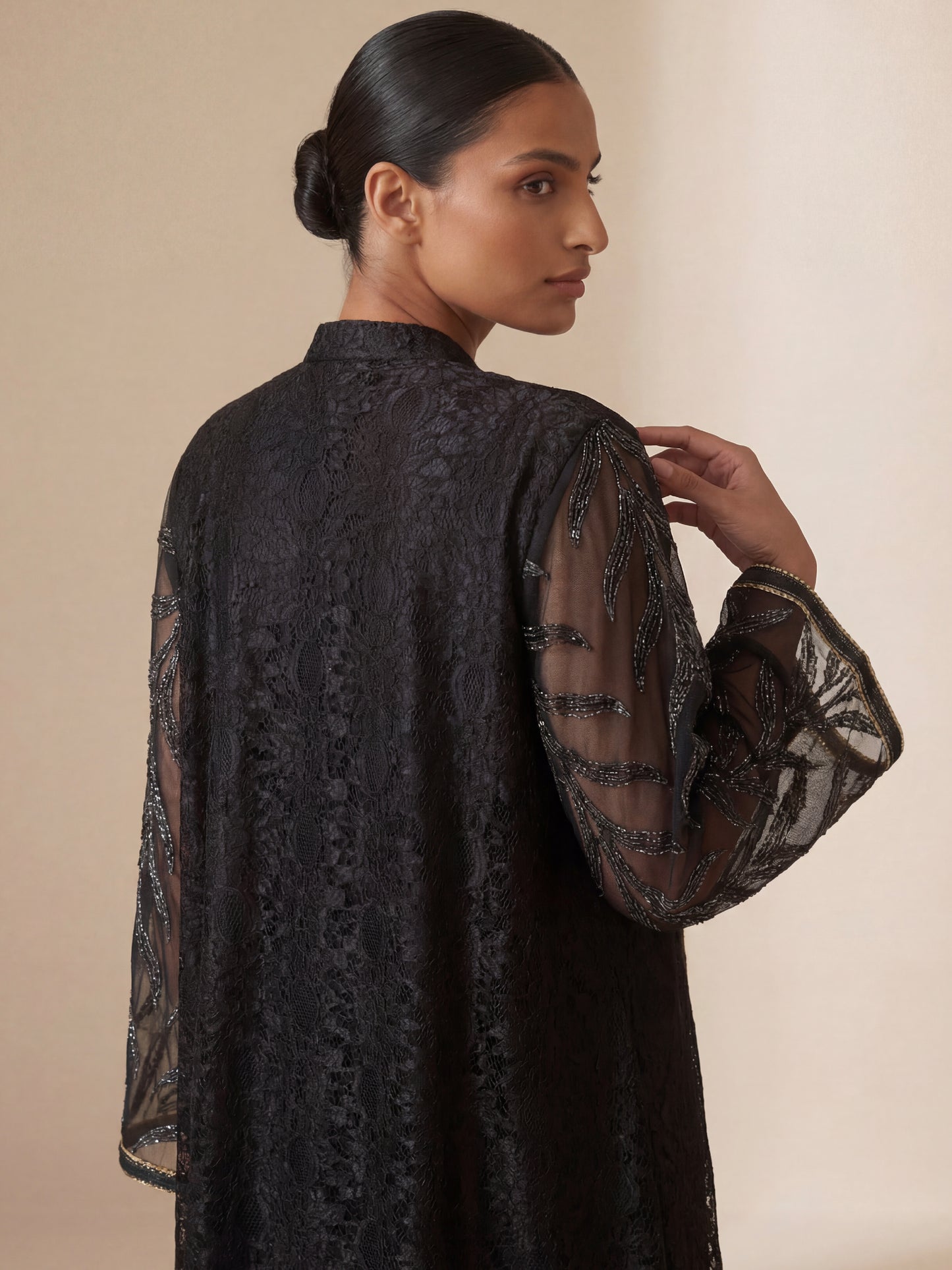 ZY-079 Black Lace Embroidered Jalabiya with Gold Accents