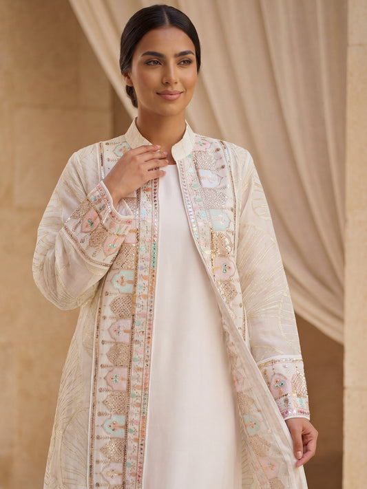 ZY-080 White 2-Piece Embroidered Sheer Abaya & Inner Jalabiya Set