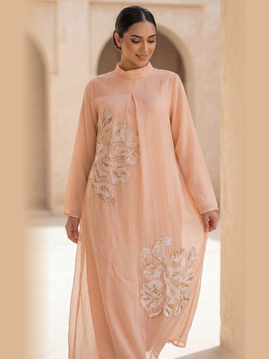 ZY-083 Light Peach Embellished Jalabiya with Floral Sequin Detailing