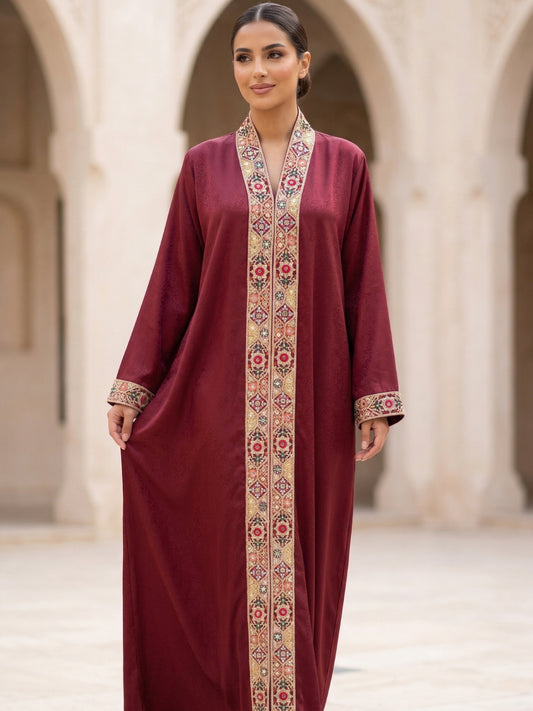 ZY-084 Luxury Burgundy Jalabiya with Ornate Embroidered Panel