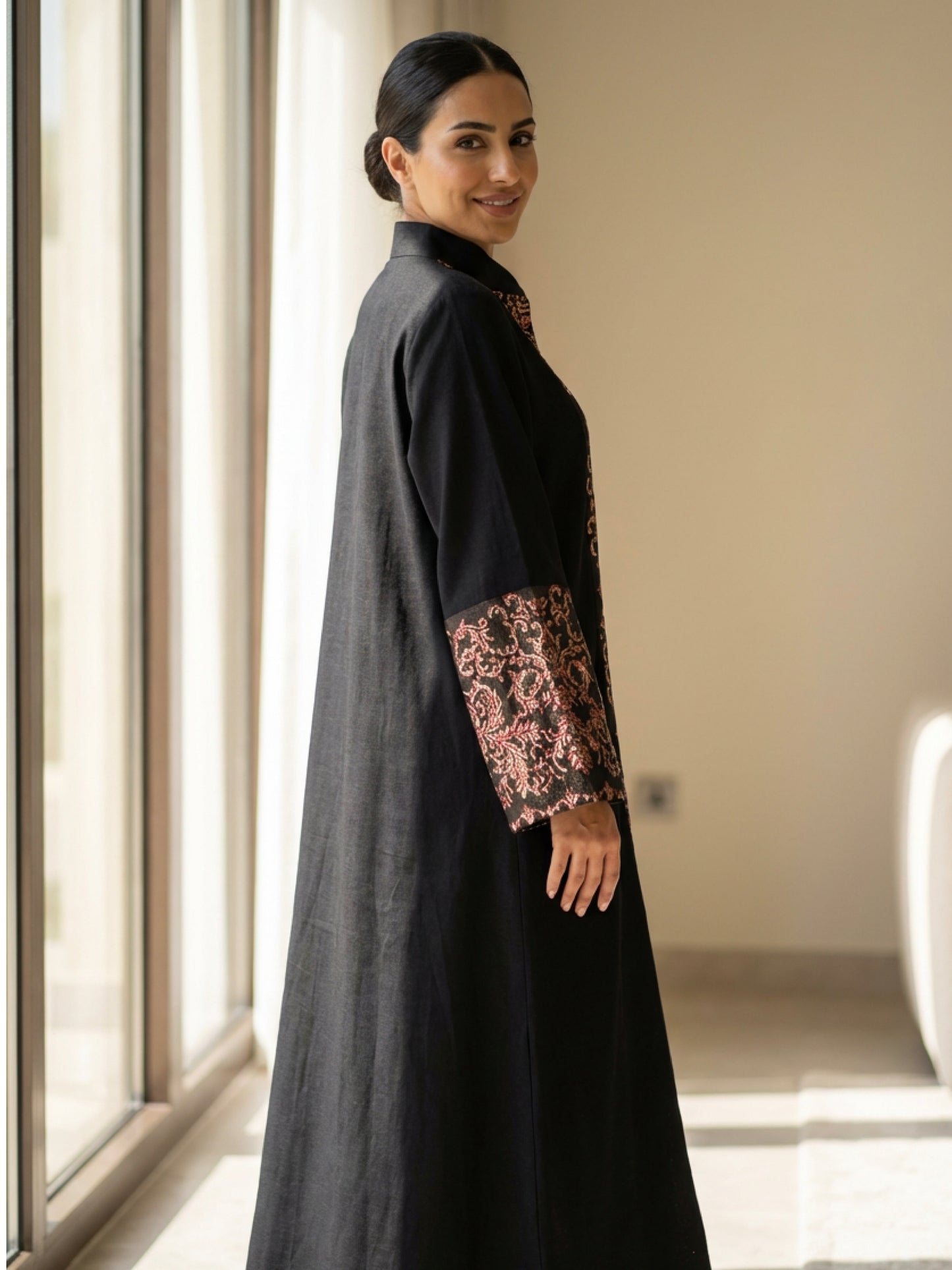 ZY-088 Black Luxury Jalabiya with Gold & Red Ornate Panel