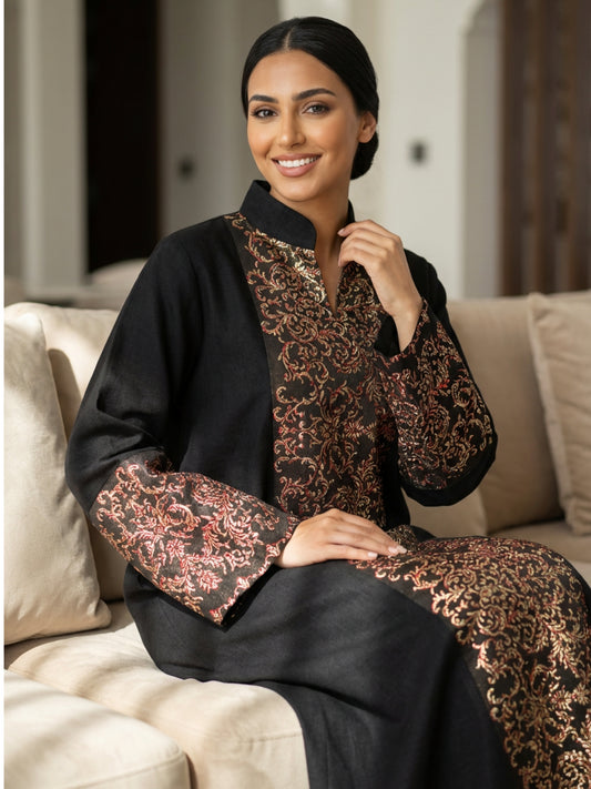 ZY-088 Black Luxury Jalabiya with Gold & Red Ornate Panel