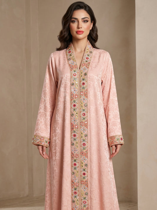 ZY-086 Light Peach Luxury Jalabiya with Ornate Embroidered Trim