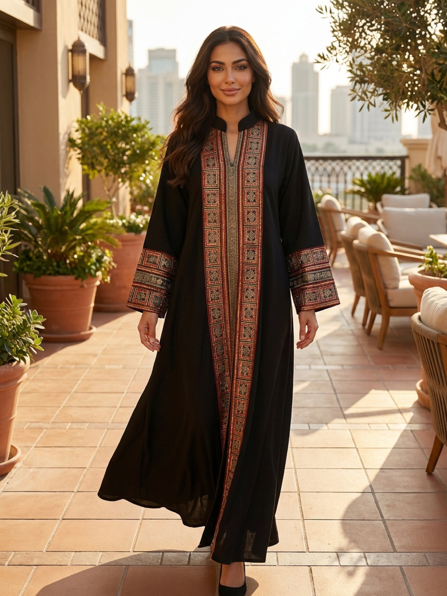 ZY-089 Black Jalabiya with Red & Gold Geometric Detail