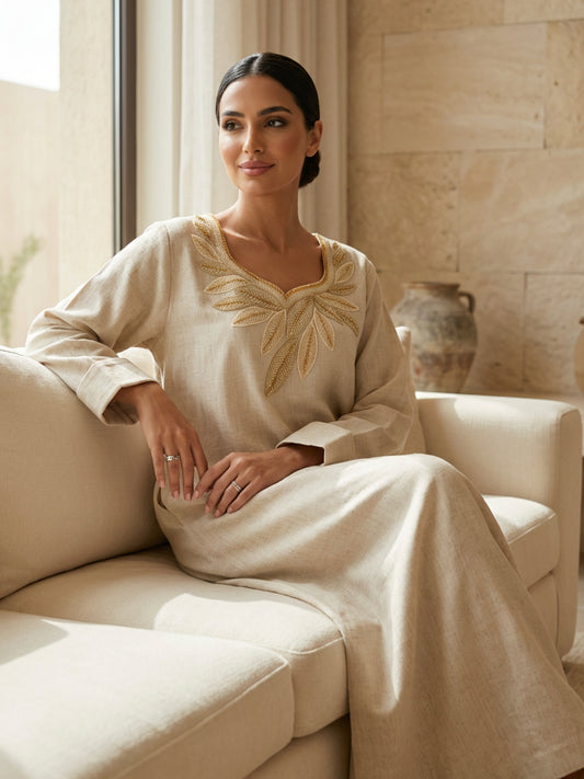 ZY-091 Natural Beige Linen Jalabiya with Gold Leaf Embroidery