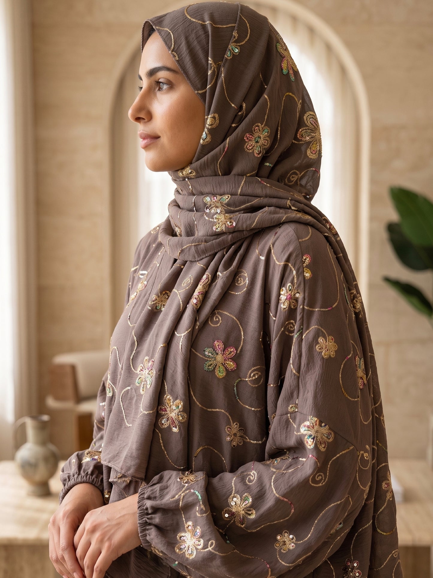 ZY-093 Soft Brown Prayer Abaya with Floral Sequins Detail