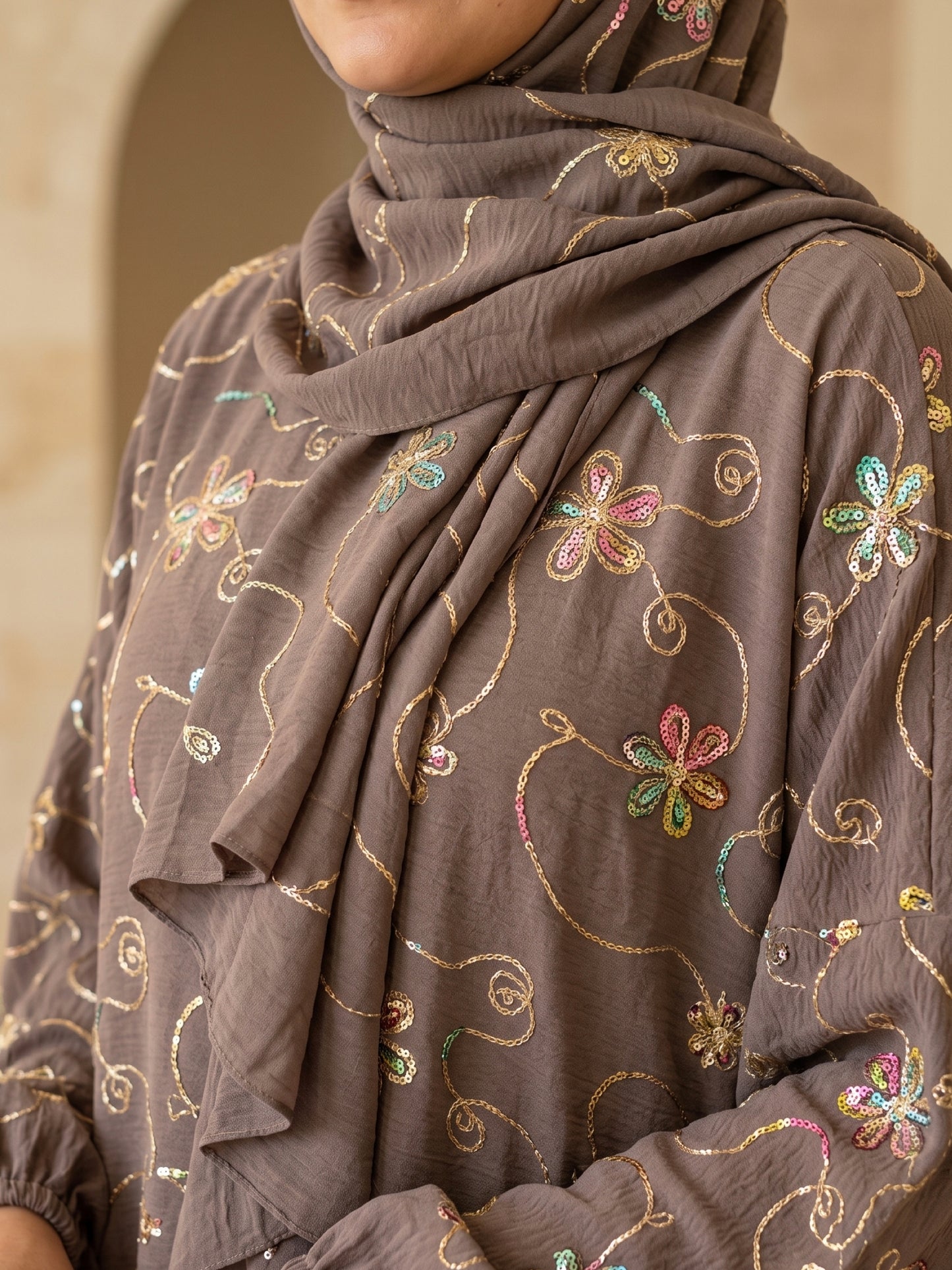 ZY-093 Soft Brown Prayer Abaya with Floral Sequins Detail
