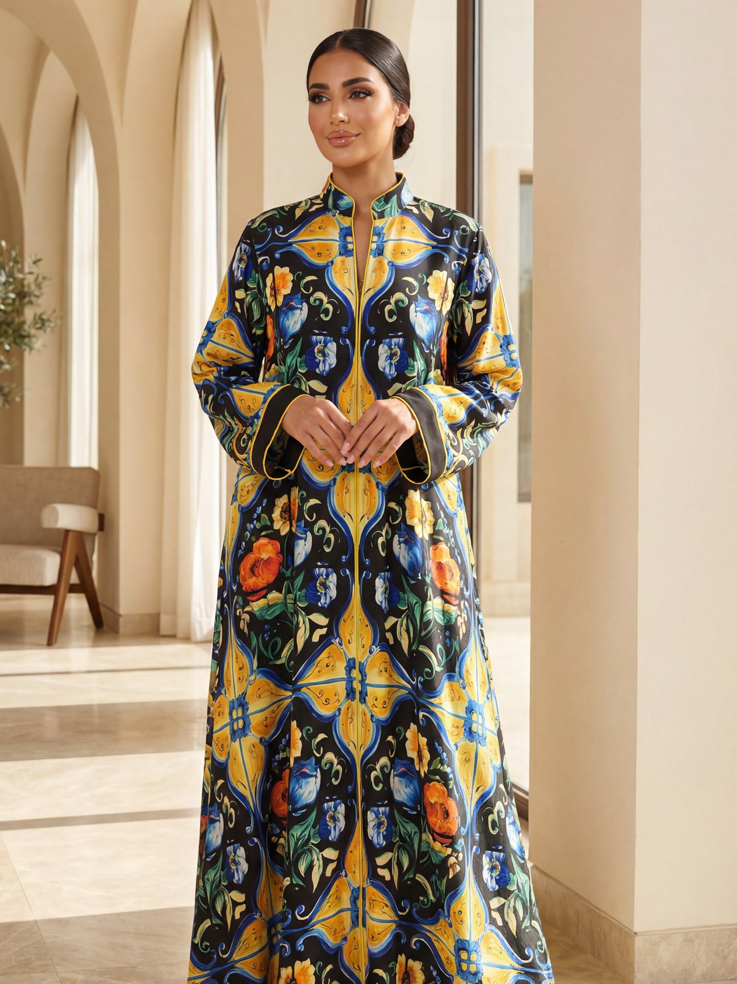 ZY-094 Black Jalabiya with Floral Tile Print