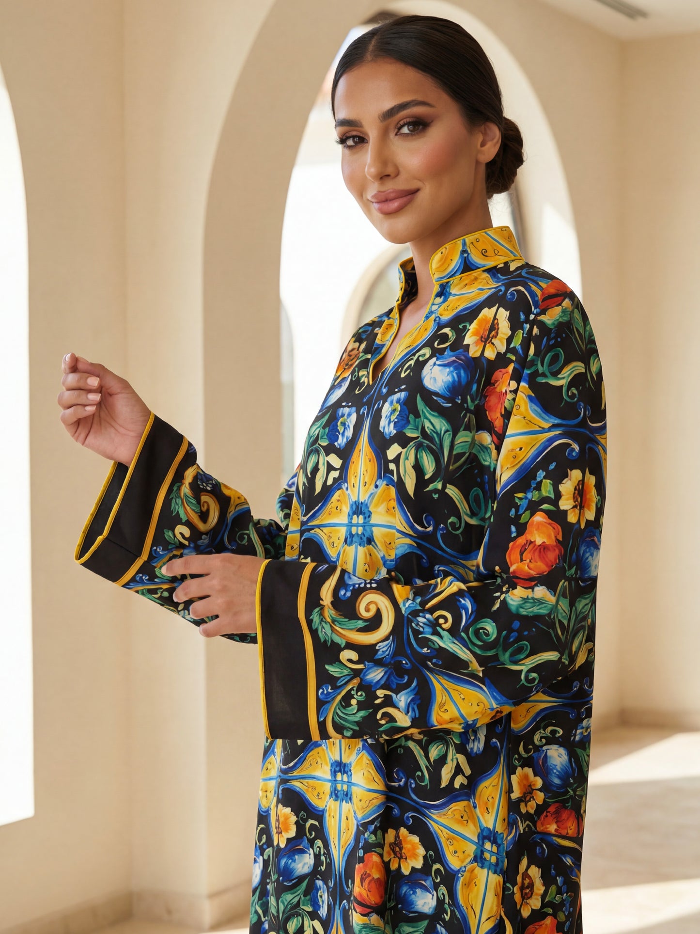 ZY-094 Black Jalabiya with Floral Tile Print