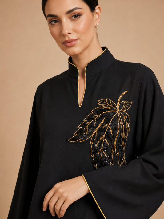 ZY-096 Black Jalabiya with Grape Leaf Embroidery
