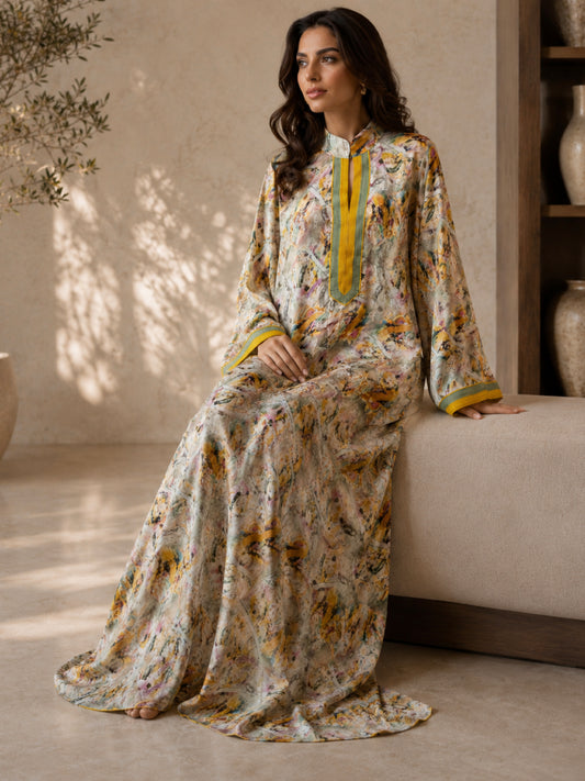 ZY-097 Abstract Print Jalabiya with Mustard Trim
