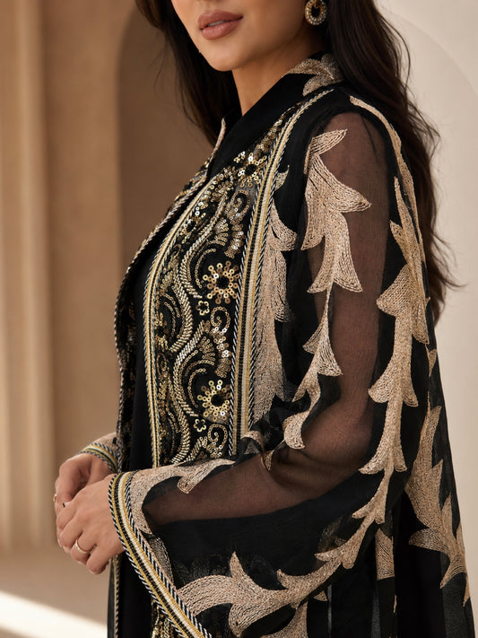 ZY-098 Black 2-Piece Jalabiya Set with Gold Embroidered Sheer Overlay