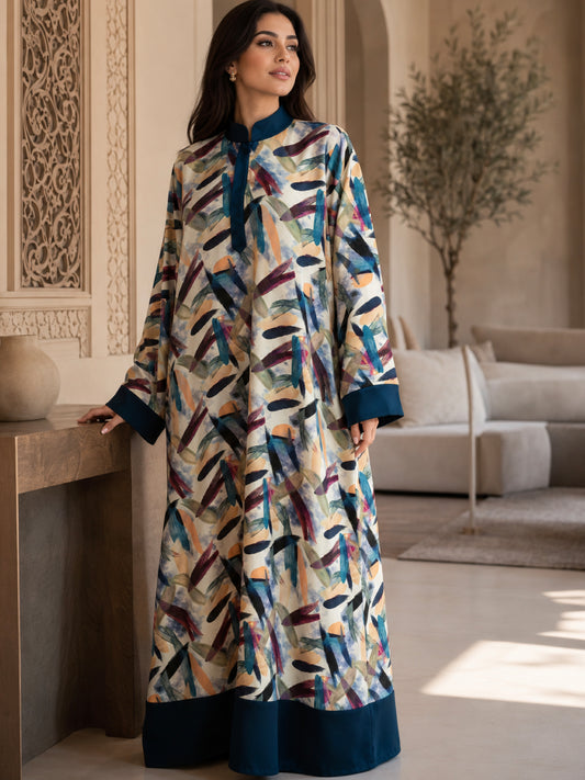 ZY-099 Abstract Brush Print Jalabiya with Teal Trim