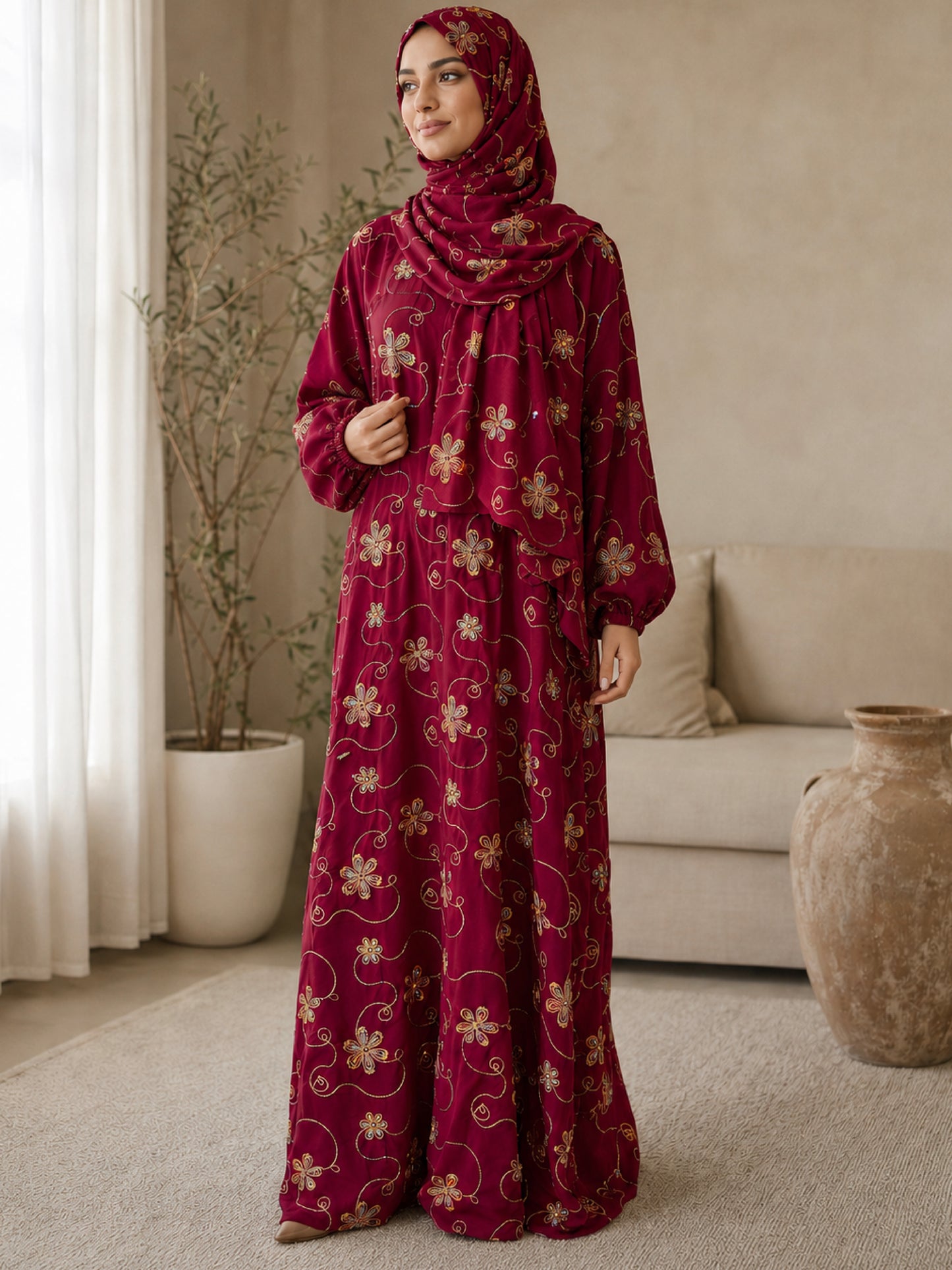 ZY-047 Burgundy Floral Embroidered Prayer Abaya
