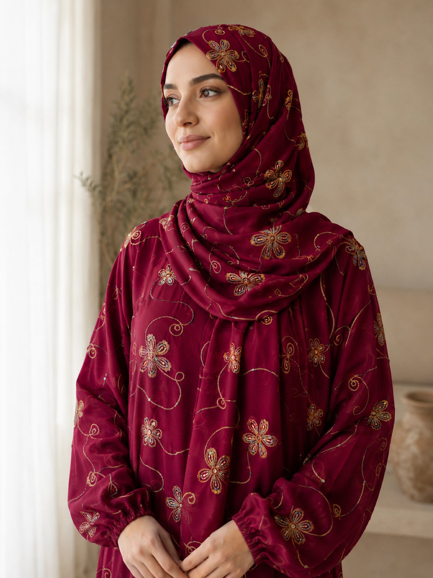 ZY-047 Burgundy Floral Embroidered Prayer Abaya
