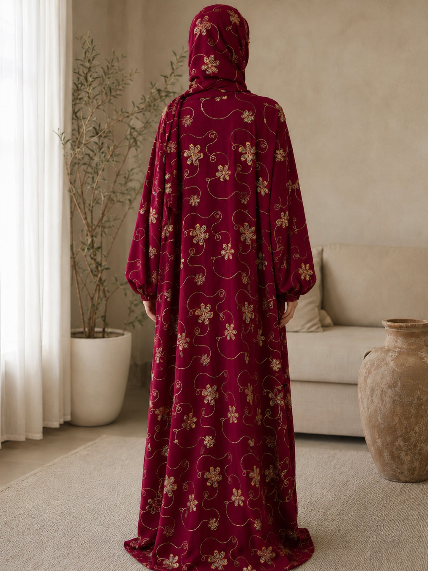 ZY-047 Burgundy Floral Embroidered Prayer Abaya